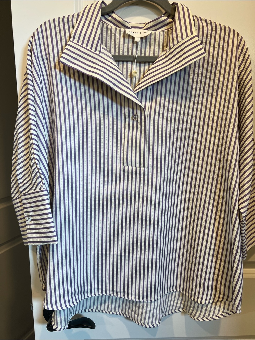 entro Navy and White Vertical Stripe Casual Button-Down Shirt